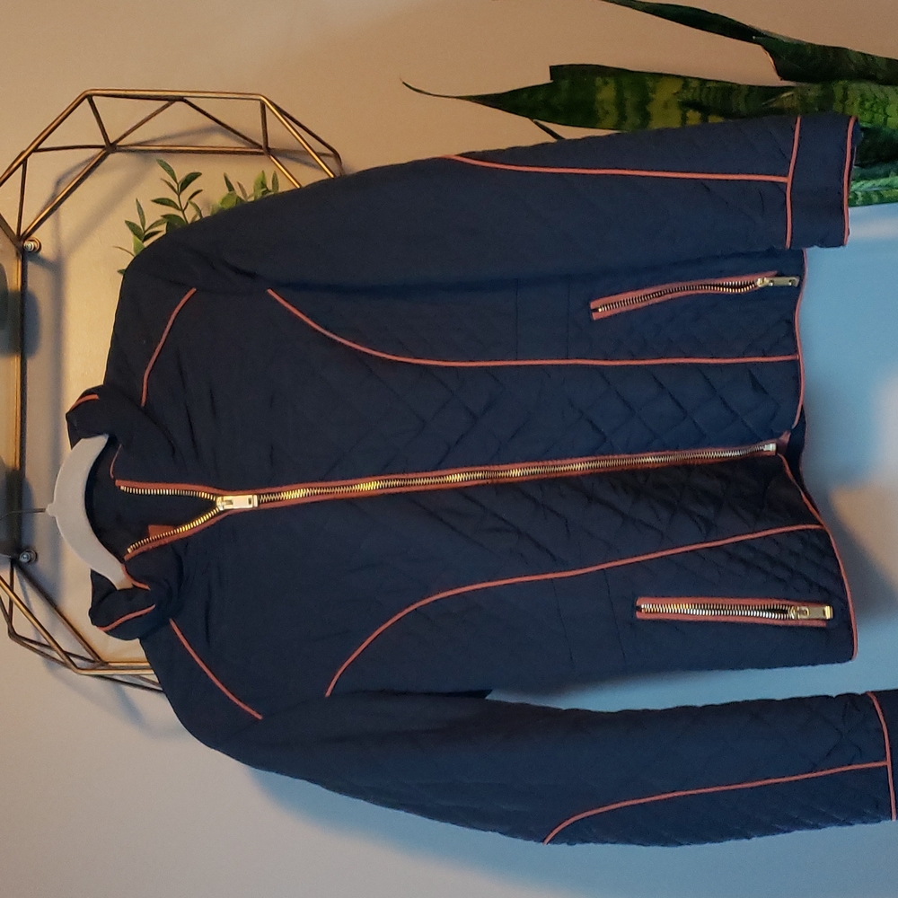 Navy jacket with brown piping